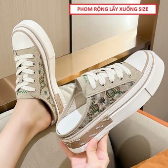 Giày sục thể thao chữ OO -đen và kẻ caro-chất canvas đế cao 3cm siêu xinh