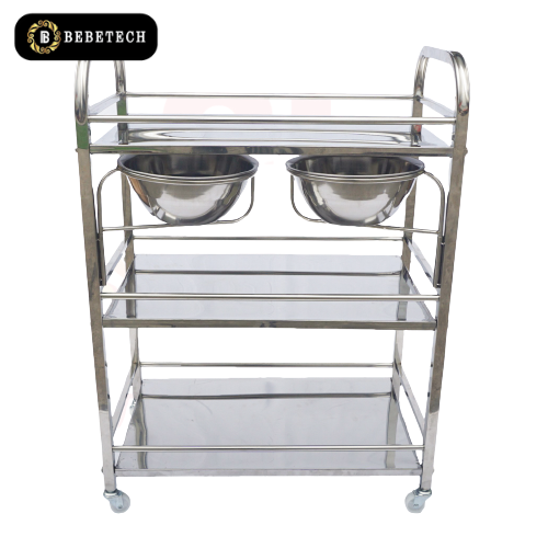 Xe đẩy spa 3 tầng inox dùng trong spa có bánh xe kèm 2 bát to
