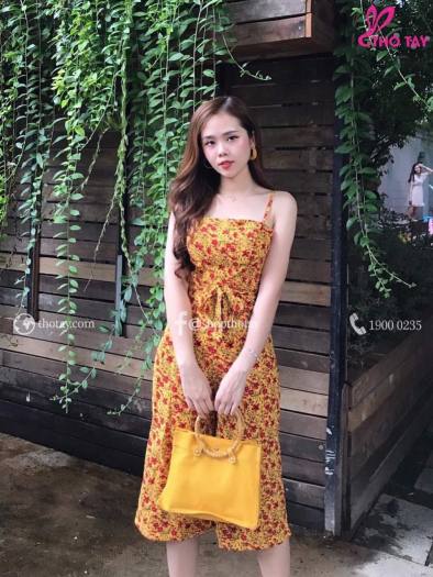 JUM Lửng 2 Dây Lụa Hoa Phối Nơ Thắt Eo Siêu Xinh. Qc