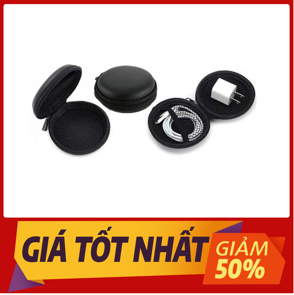Bóp tròn đa năng đen trơn - bóp đựng cáp sạc, tai nghe