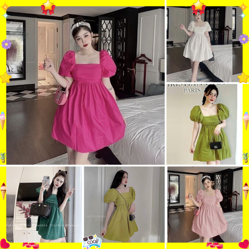 Đầm babydoll tay bồng xếp li ngực nơ lưng đầm babydoll nữ dễ thương