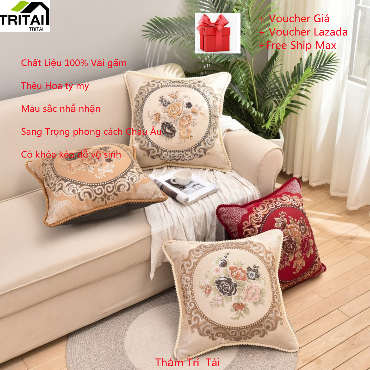 Gối Lưng Trang Trí Sofa văn Phòng Phong Cách  Tây Âu chất liệu 100% gấm thêu tỉ mỉ  Hình vương kích thước 45*45cm ( ruột bông hạt 100%+ vỏ )