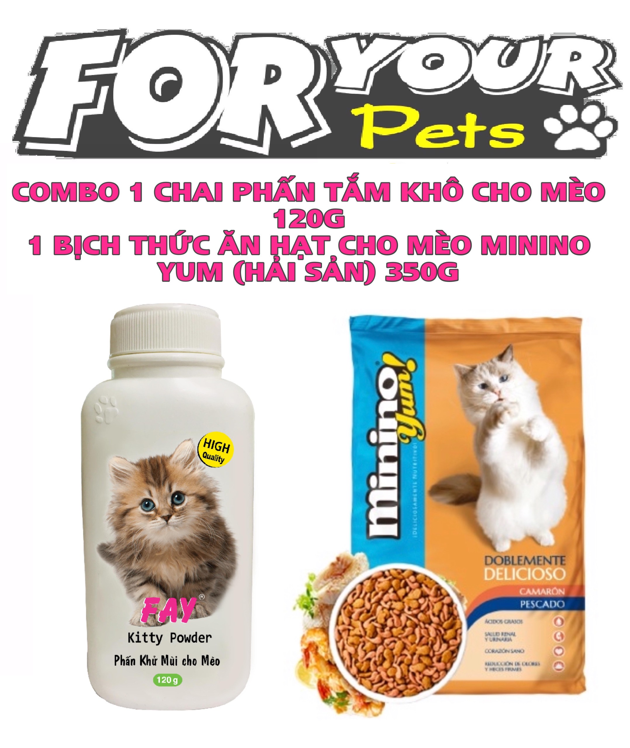 COMBO 1 CHAI PHẤN FAY TẮM KHÔ CHO MÈO 120G VÀ 1 BỊCH THỨC ĂN HẠT CHO MÈO MININO YUM ( HẢI SẢN) 350GR