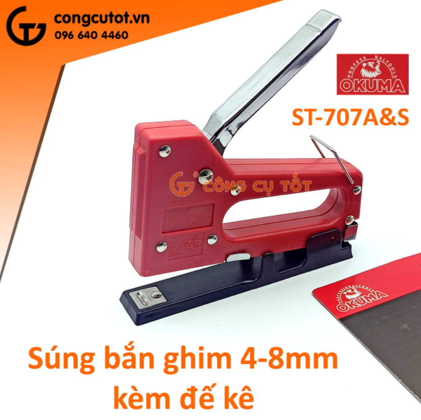 Dụng cụ bắn kim cầm tay 4-8mm okuma st-707s không đế và st-707a&s kèm đế kê để đóng gáy sách tiện dụng