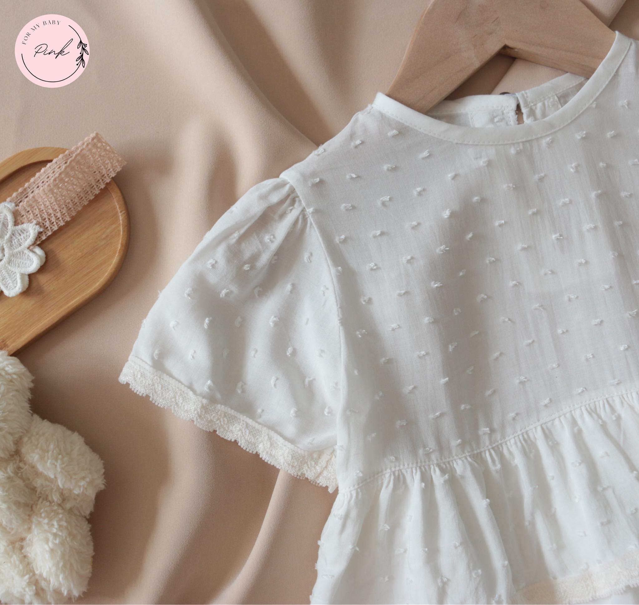 Áo sơ mi trắng cổ tròn Hàn quốc dáng babydoll cho bé, set bộ bé gái PinkBaby