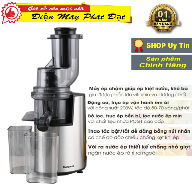 Máy ép chậm Kangaroo KG1B6 hàng chính hãng 100% trưng bầy như mới mới 99% BH chính hãng 12t Loại máy: Máy ép chậm Chức năng chính: Ép trái cây, rau củ, hạt ngũ cốc Công suất: 200W Ống tiếp nguyên liệu: 80 mm Chất liệu cối chính: Thân máy được bọc