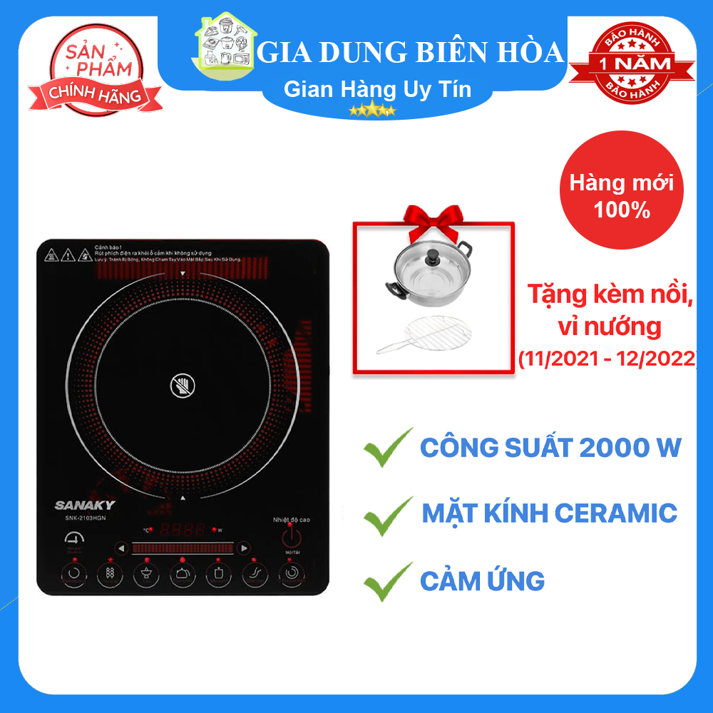 Bếp điện hồng ngoại đơn Sanaky SNK-2103HGN- nấu:Tất cả loại nồi-Công suất:2000W Chất liệu mặt bếp:Kí