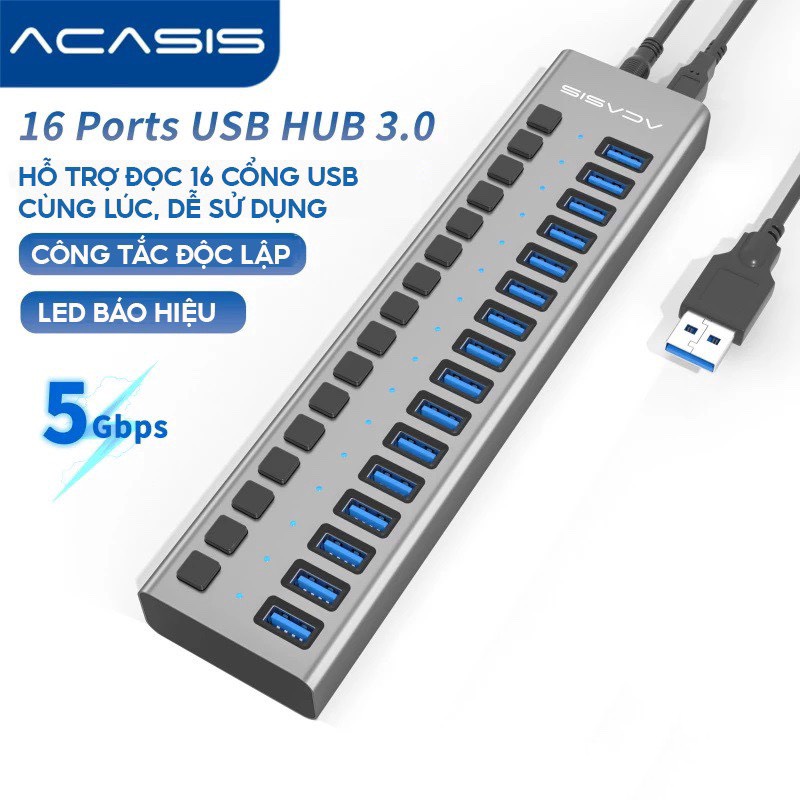 Bộ Chia USB 3.0 16 Cổng ACASIS - Nguồn 12V 7.5A - HUB USB 16 Port