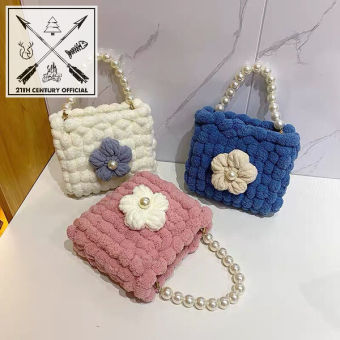 Túi Tự Đan Len DIY Xách Tay Phối Hoa Xinh Đính Hạt, Dây Cầm Hạt Ngọc Sang Trọng (Sẵn Bộ Làm Túi))