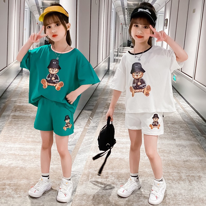 Set bộ quần áo trẻ em mùa hè 14-45kg cho bé gái mẫu Gấu đáng yêu, chất cotton loại 1 mềm mát