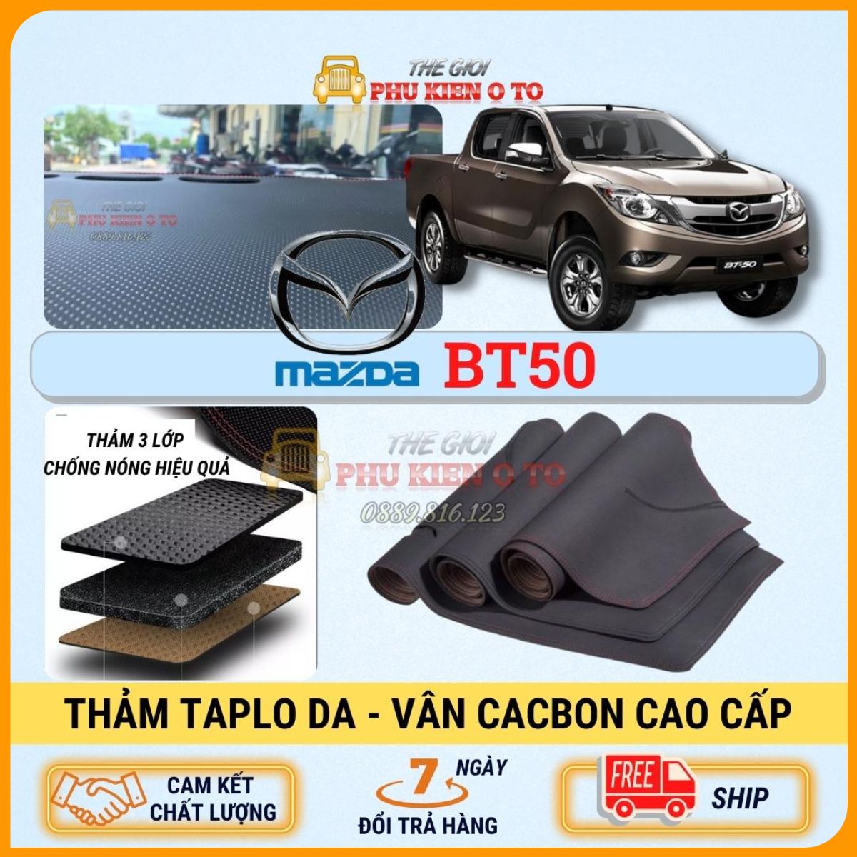 Thảm taplo MAZDA BT50 2013- 2022 da Cacbon 3 lớp cao cấp, chống nóng cho ô tô hiệu quả
