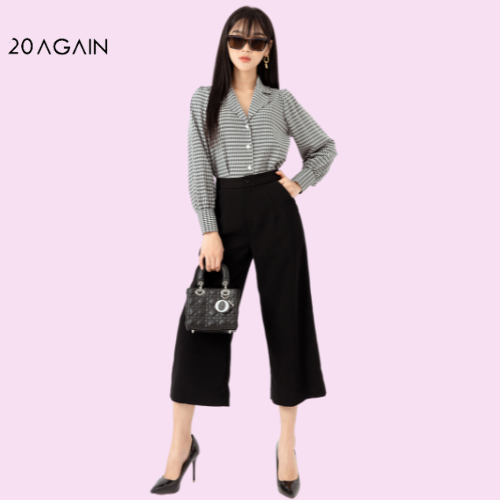 Quần ống suông nữ cạp cao 20again, họa tiết caro trẻ trung, năng động qba1930