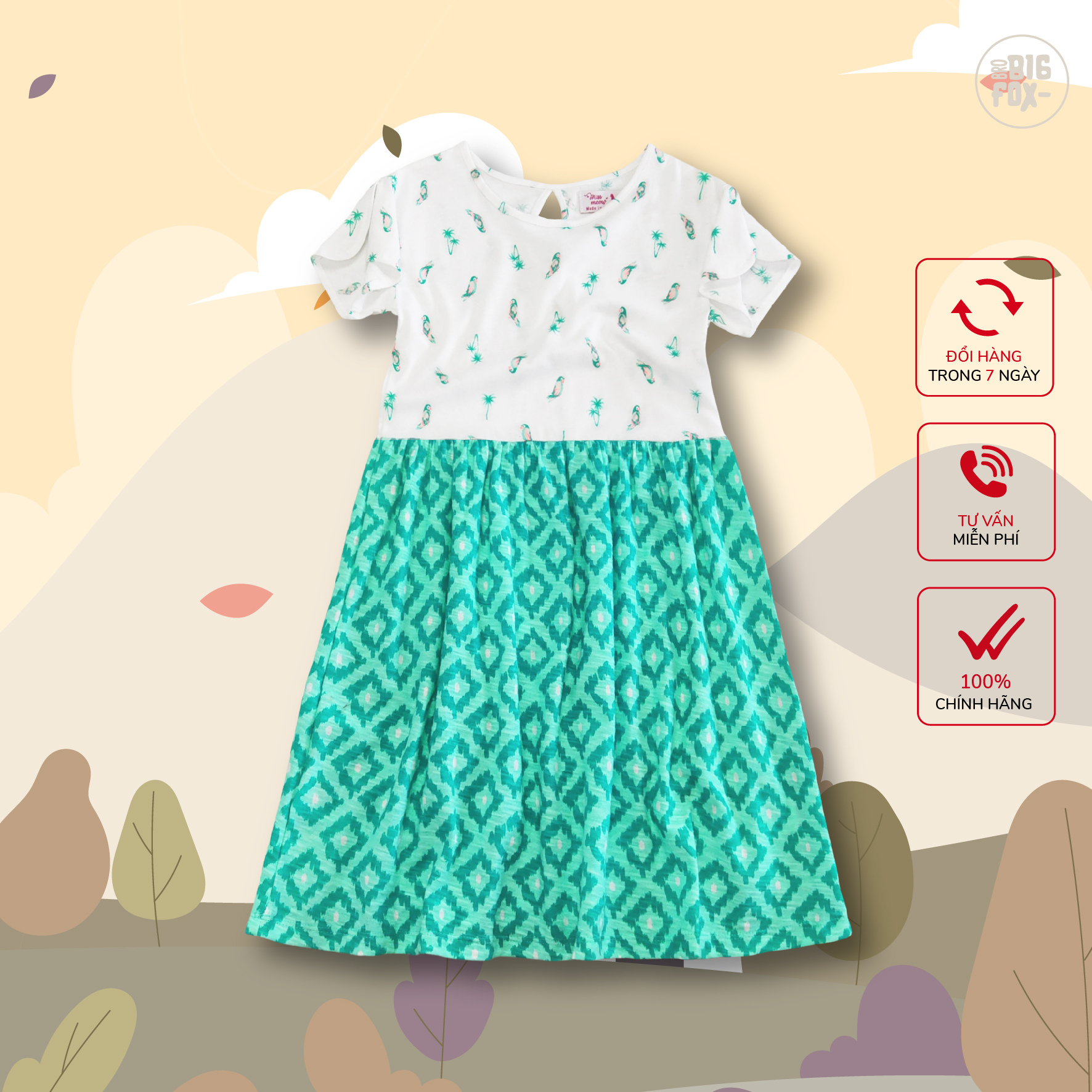 Đầm Hè Cho Bé Gái Miss Meow Tới Size Đại. Váy Cotton Thun Trẻ Em In Ô Vuông Xanh 2-8