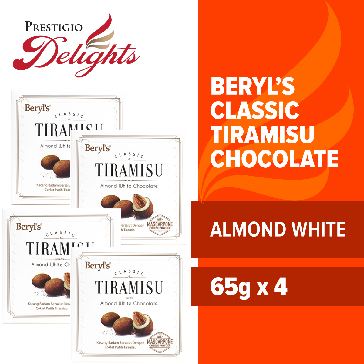 Beryl's Tiramisu White Chocolate Almond – 65g X 4 Pack, Halal, Malaysian Sweet, Free Shipping, Great For Gifting