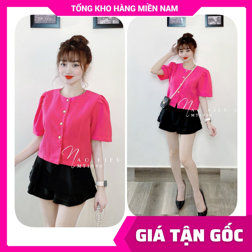 Áo kiểu nữ dáng croptop cổ tròn tay ngắn phồng phối nút ngọc siêu dễ thương - chất đũi xốp mềm cao cấp ❤ Sơ mi nút ngọc 🛑 Sơ mi công sở nữ 🛑 Áo kiểu chất đẹp ❤ Sơ mi croptop tay phồng MT1990