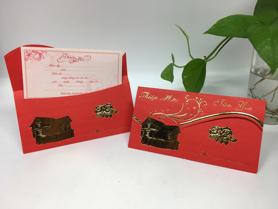COMBO 10 thiệp mời tân gia ngang , bao thiêp màu đỏ, loại in sẵn khách về ghi thông tin
