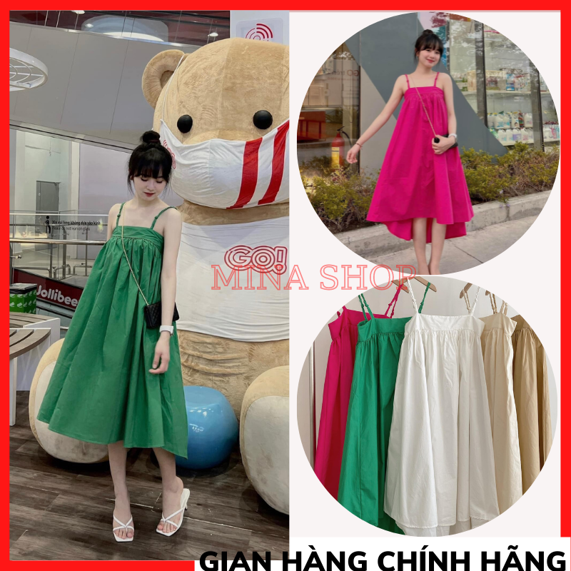 Đầm 2 dây tiểu thư dáng xòe, đầm 2 dây vải voan, đầm maxi dáng dài đi biển du lịch MINASHOP Đầm 2 dây cúp ngực
