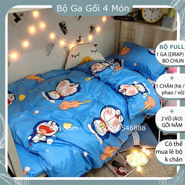 Bộ chăn ga gối đệm đẹp, cute chất Cotton Hàn Quốc, giá rẻ, BỘ 4 MÓN: 1 drap giường, 2 vỏ gối nằm, 1 chăn, họa tiết hình DORAEMON ĐÀN ctue