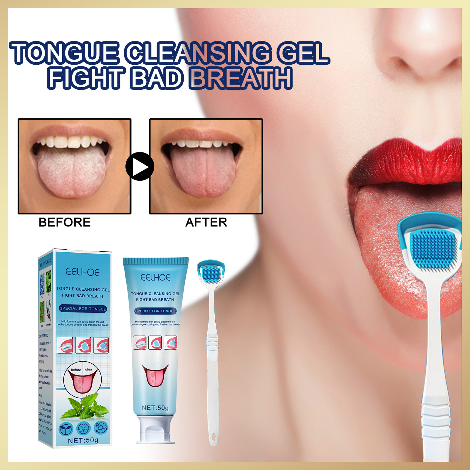 Gambar Eelhoe Tongue Cleansing Gel Keeps Fresh Breath Clean Tongue Coating Oral Hygiene Care Tool Reusable Silicone Tongue Scraper Brush Eliminate Oral Odor Bad Breath Cleaner?50g?