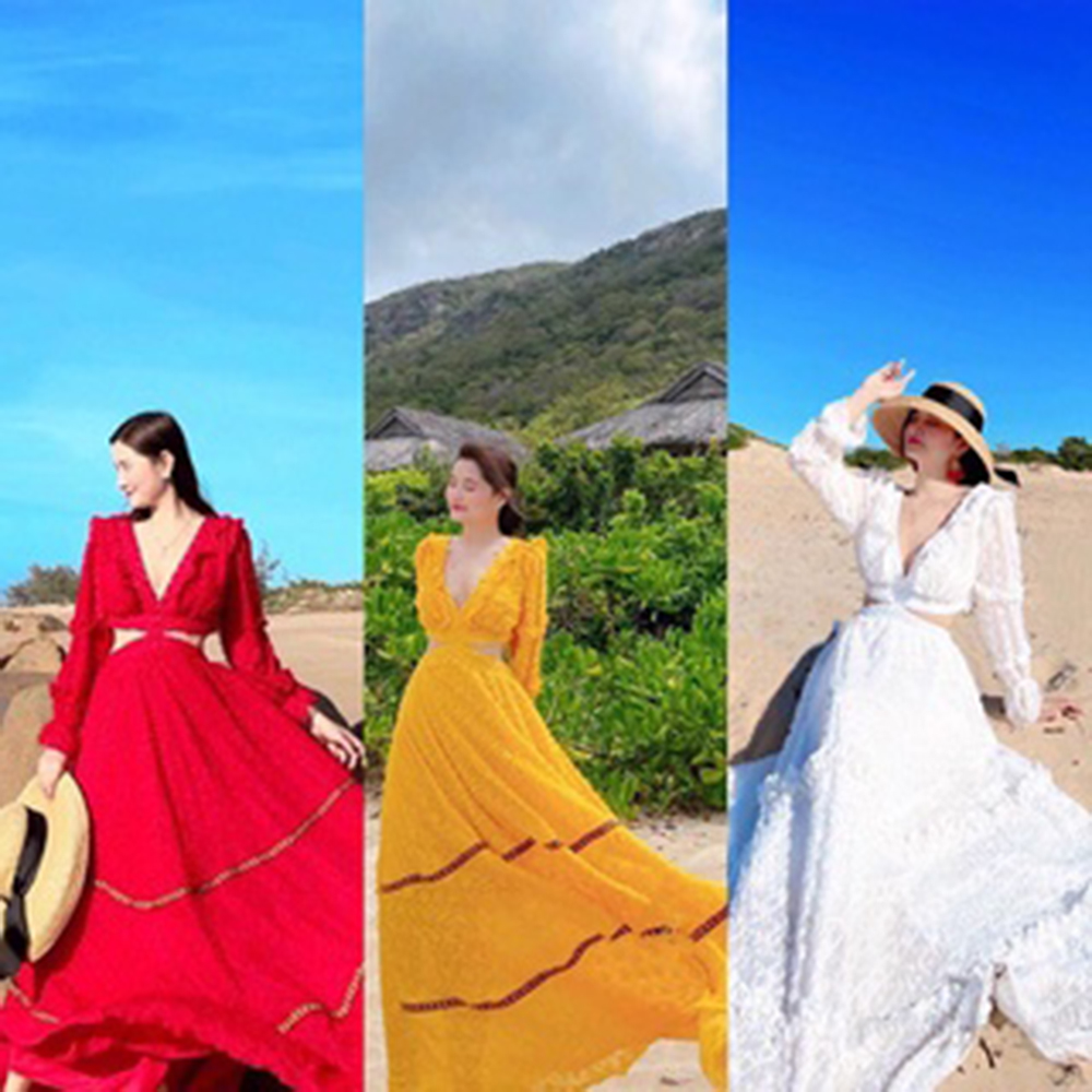 Đầm maxi đi biển ren lông viền thổ Cẩm Thiết kế khoét eo tôn dáng dã ngoại chụp hình sống ảo MT030