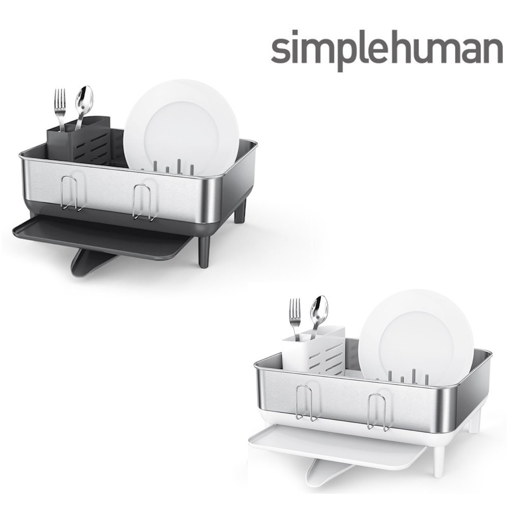 simplehuman Compact Steel Frame Dish Rack, Brushed Stainless Steel, White 