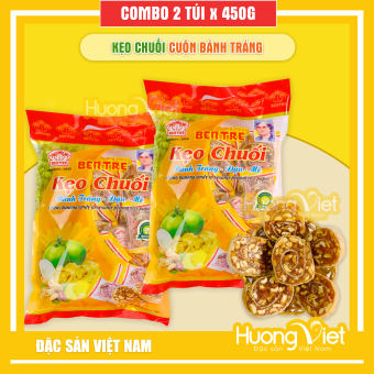 Combo 2 túi kẹo chuối cuộn bánh tráng đậu mè, kẹo chuối gừng Bến Tre 450g, đặc sản Bến Tre
