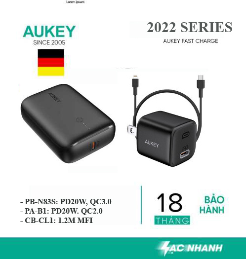 Combo pin sạc Aukey củ PA-B1 20W, cáp C to L CB-CL1 và Pin 10.000 mAh PB-N83S