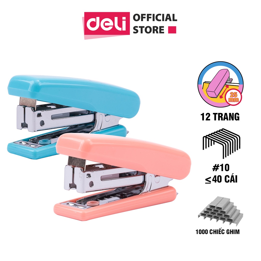 Dập ghim #10 deli, đính kèm 1000 chiếc ghim 12 trang, xanh, vàng, trắng, hồng - 1 cái e0254