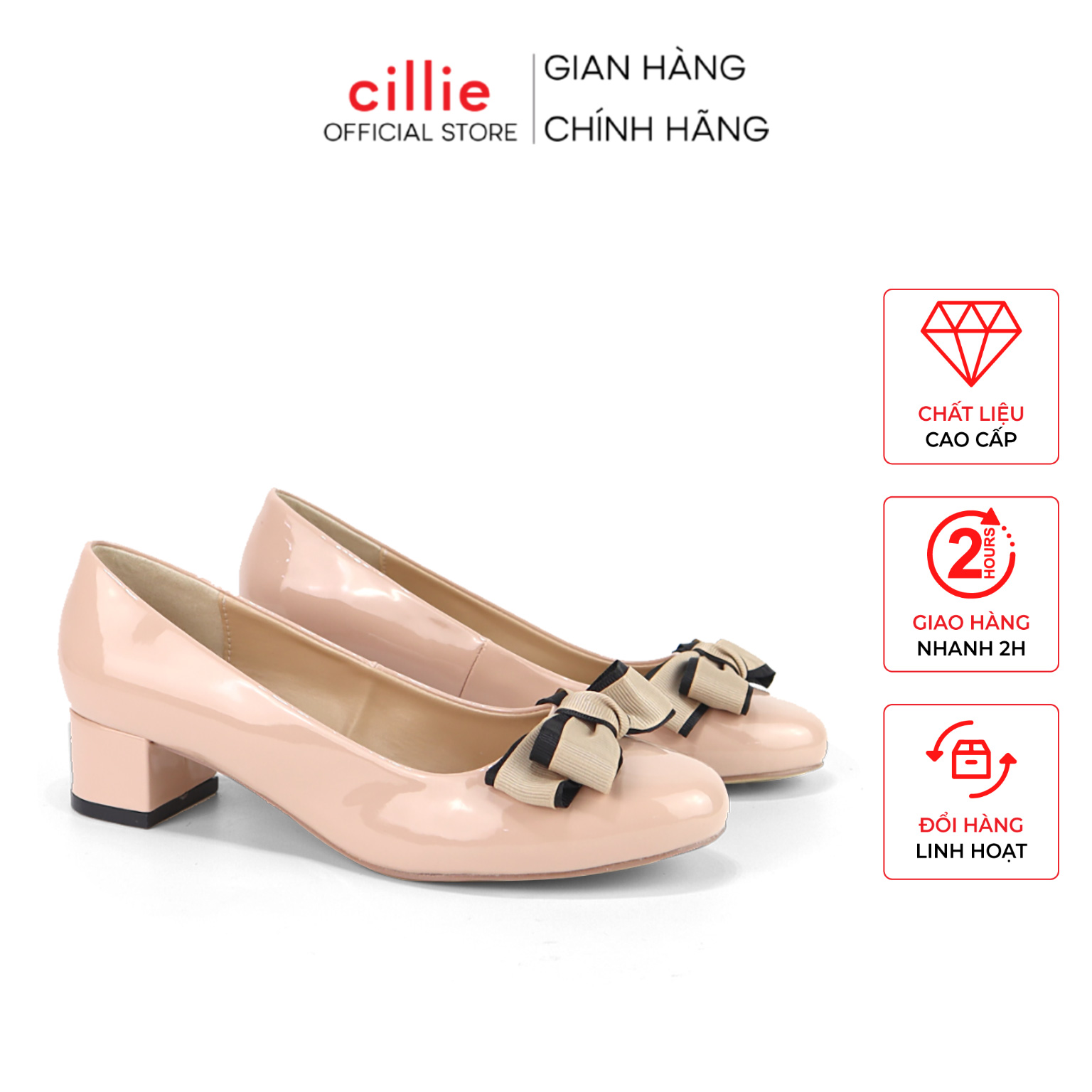 Giày cao gót nữ Cillie phối nơ da bóng cao 4cm 1200