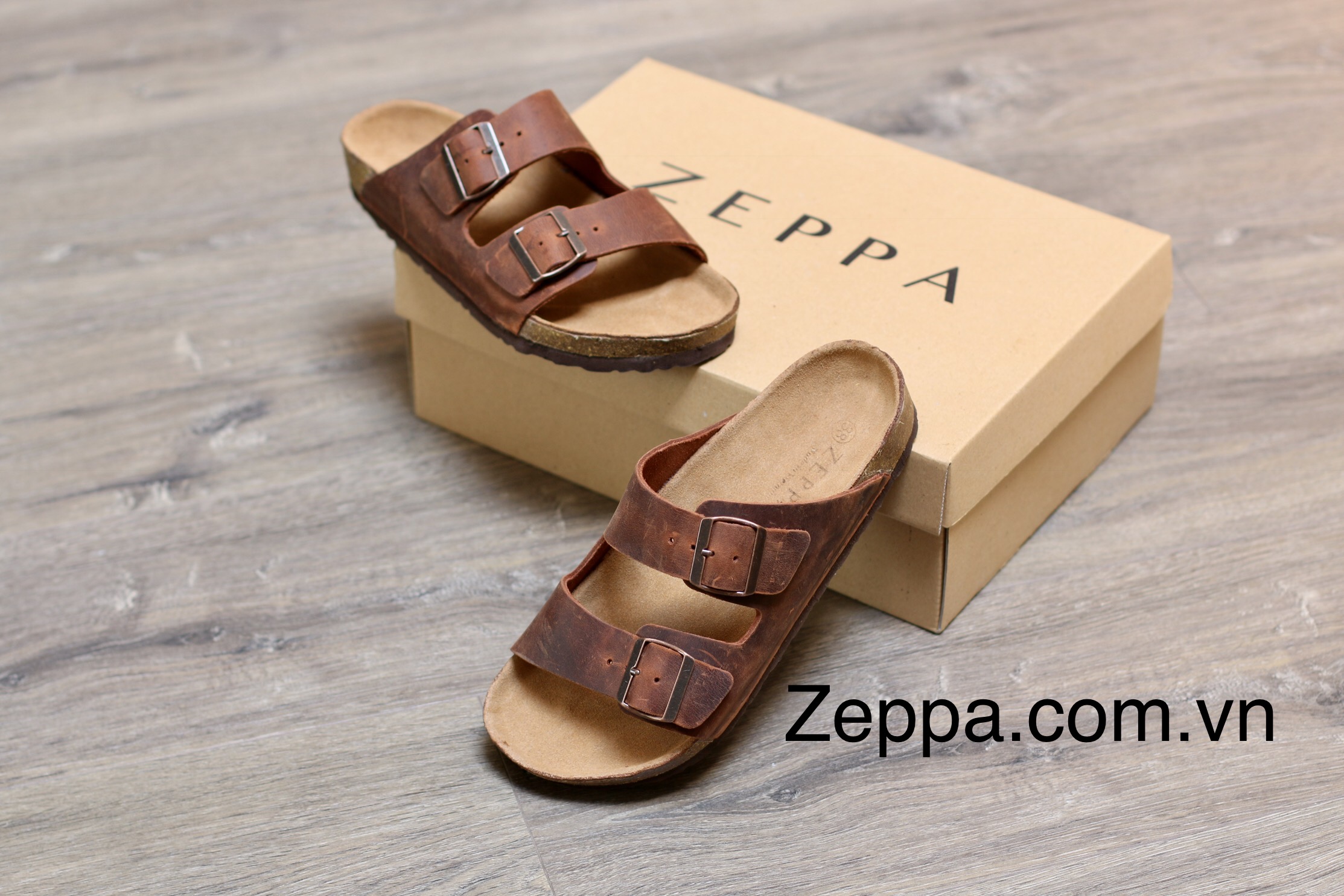 ZEPPA chính hãng - Da bò thật 100% - Dép 2 quai ngang bản lớn màu nâu MS: DN6 (Size: 36-46) - Dép đế trấu da bò UNISE