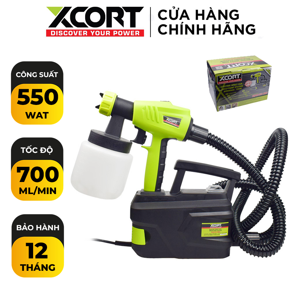 Súng phun sơn-Máy phun sơn-Máy phun sơn dùng điện 550W-Xcort chính hãng, có thể phun sơn theo chiều ngang hay chiều dọc bằng cách vặn đầu phun rất linh hoạt