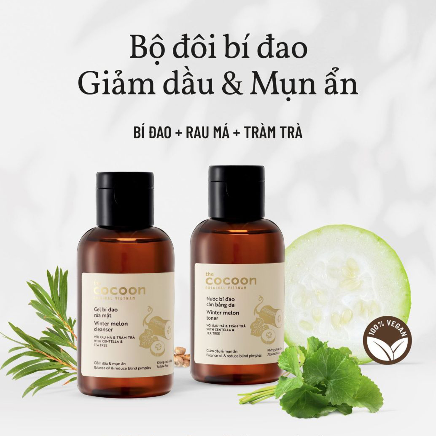 Bộ đôi giảm dầu và mụn ẩn gel rửa mặt bí đao Cocoon 140ml + Nước cân bằng da bí đao Cocoon 140ml Học Viện Quân Y Việt Nam