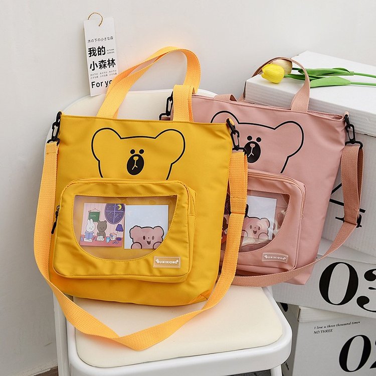 Túi tote canvas có khóa kéo đeo chéo đeo vai nữ hình gấu phối túi trong