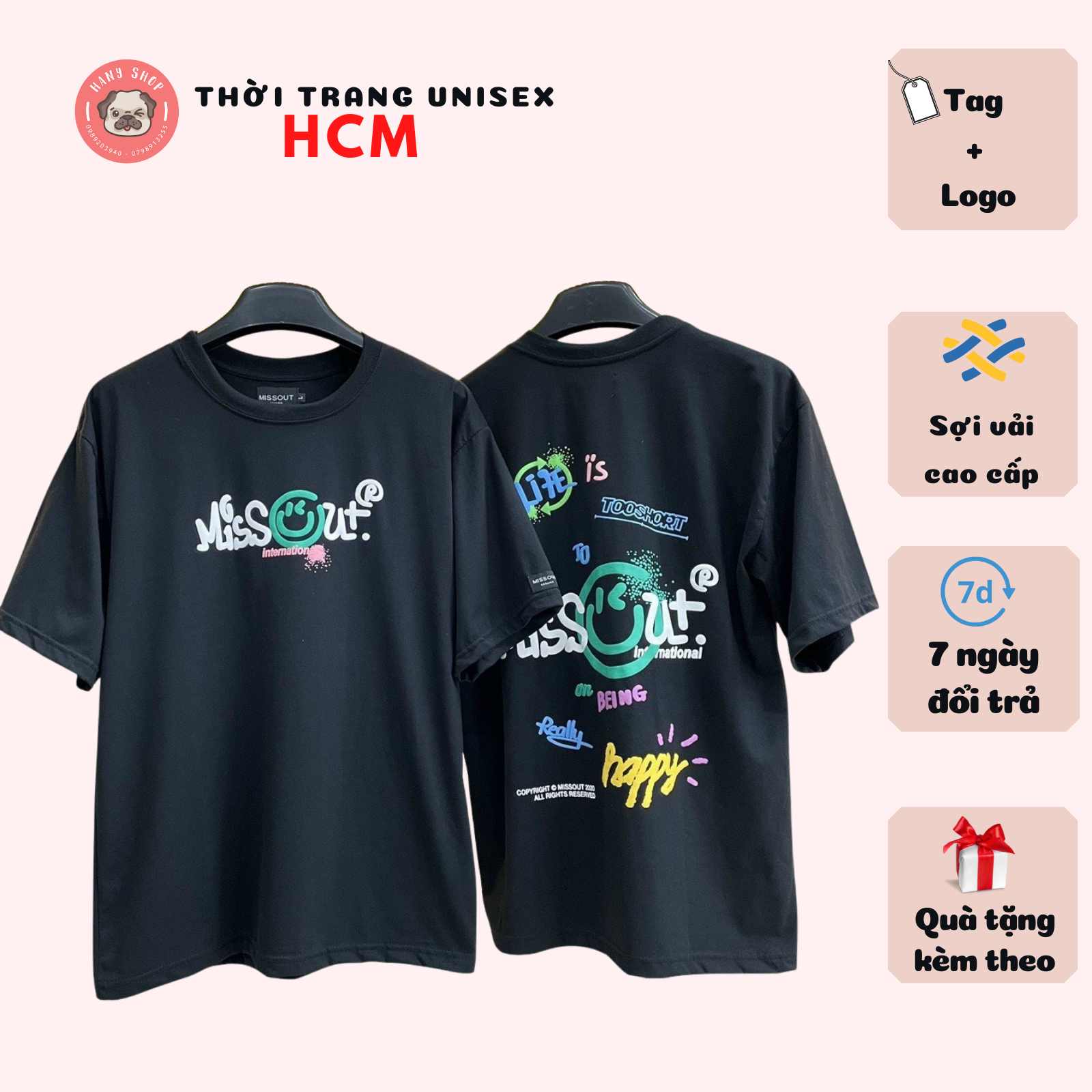 Áo thun Missout Smiley Logo 2.0 màu đen nam nữ unisex tay lỡ form rộng 40kg đến 90kg full tag vải cotton dày mịn Thời trang Unisex HCM AL191
