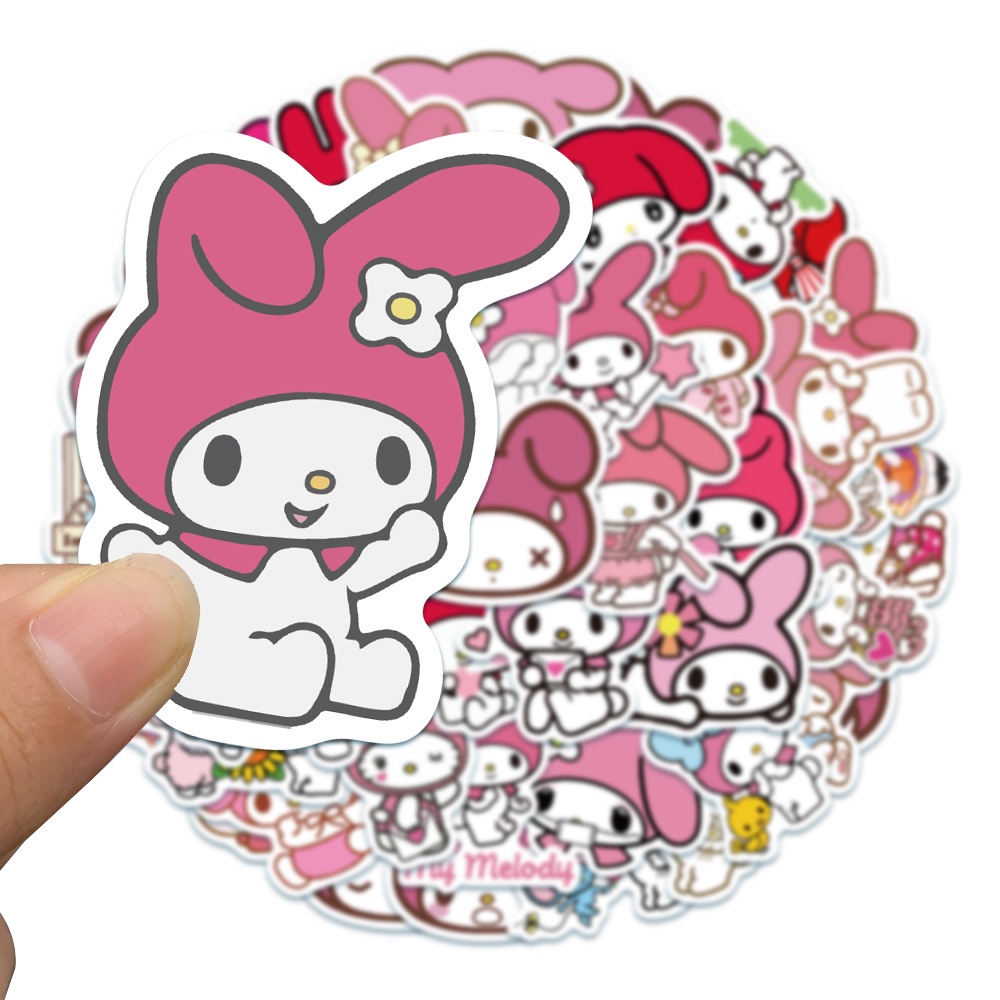 Set 50 miếng dán In194 cao cấp , Sticker dán chống thấm nước - 6-8CM - Thỏ tai hồng