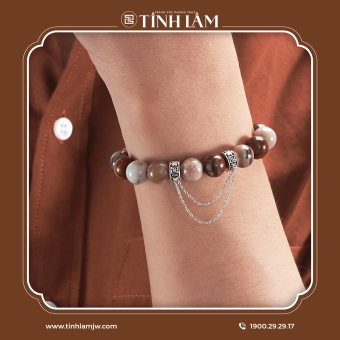 TINH LÂM Vòng Tay Phong Thủy Đá Gỗ Hóa Thạch 10 Li - Charm Đôi Nhỏ