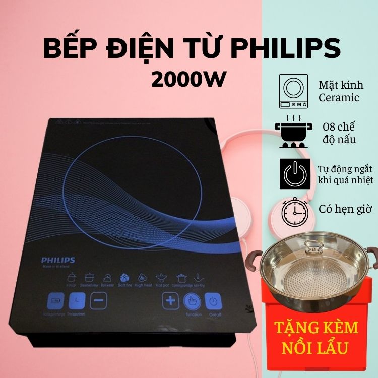 Bếp điện từ, bếp từ cảm ứng philips pl-01, bếp điện công suất 2000w tặng nồi inox bảo hành 12 tháng