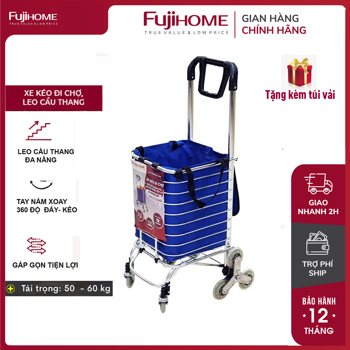 Xe kéo đi chợ siêu thị leo cầu thang gấp gọn đa năng FUJIHOME, xe đẩy đi chợ xếp gọn, tay quay 360 độ [ tặng kèm túi vải ] - Chính hãng bảo hành 1 năm