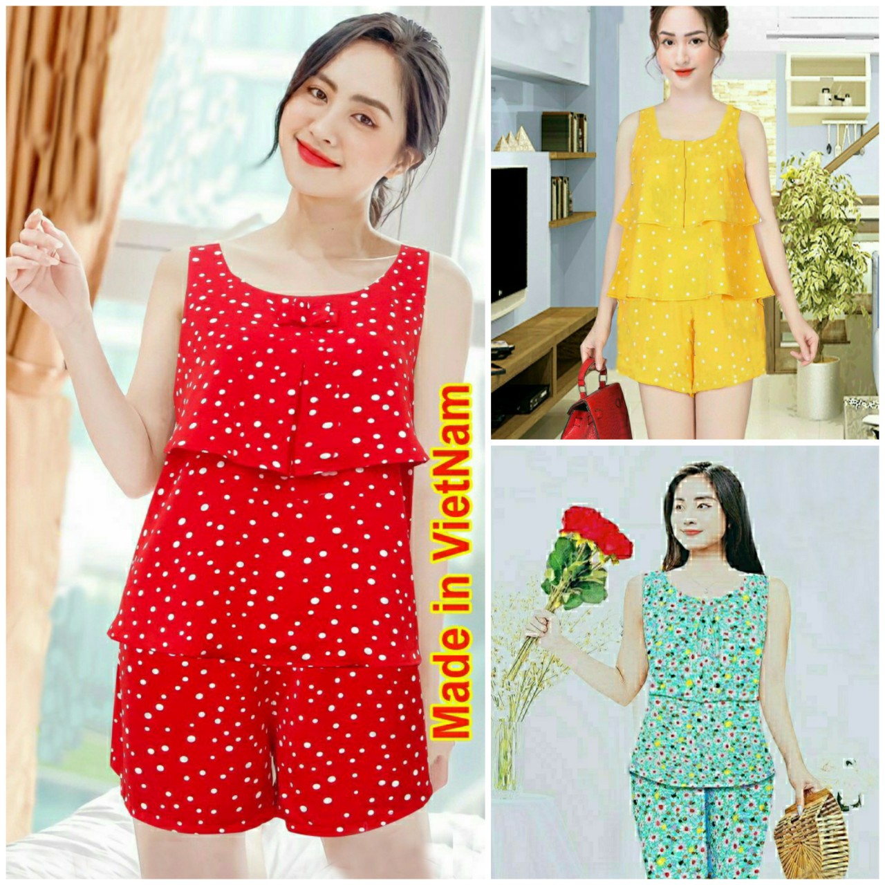 Bộ nữ sát nách quần đùi hoa nhí lụa nhập khẩu mặc nhà dễ thương