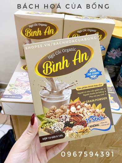 Bột Ngũ cốc Organic dinh dưỡng Bình An pha uống (Hộp 15 gói x 15g) - Giúp tăng/ giảm cân, lợi sữa thơm ngon, bổ dưỡng