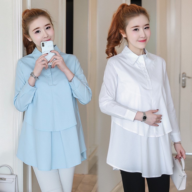 Áo bầu công sở dài tay sơ mi tầng | Chất thô lụa mềm mại - Đủ size 47-80kg | Màu trắng/xanh