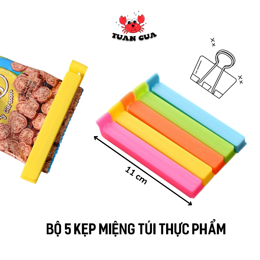 Set 5 Kẹp túi thực phẩm, kẹp túi nilong đựng thực phẩm, bộ dụng cụ kẹp miệng túi loại nhỏ nhiều màu sắc, kẹp túi