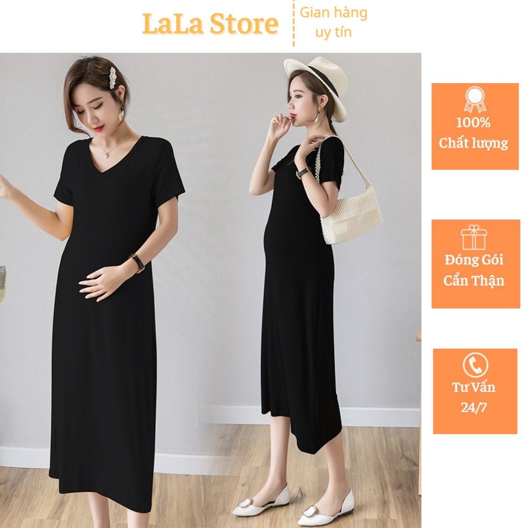 Váy bầu suông trơn basic, đầm bầu cổ tim form rộng dáng dài chất liệu cotton mềm mại
