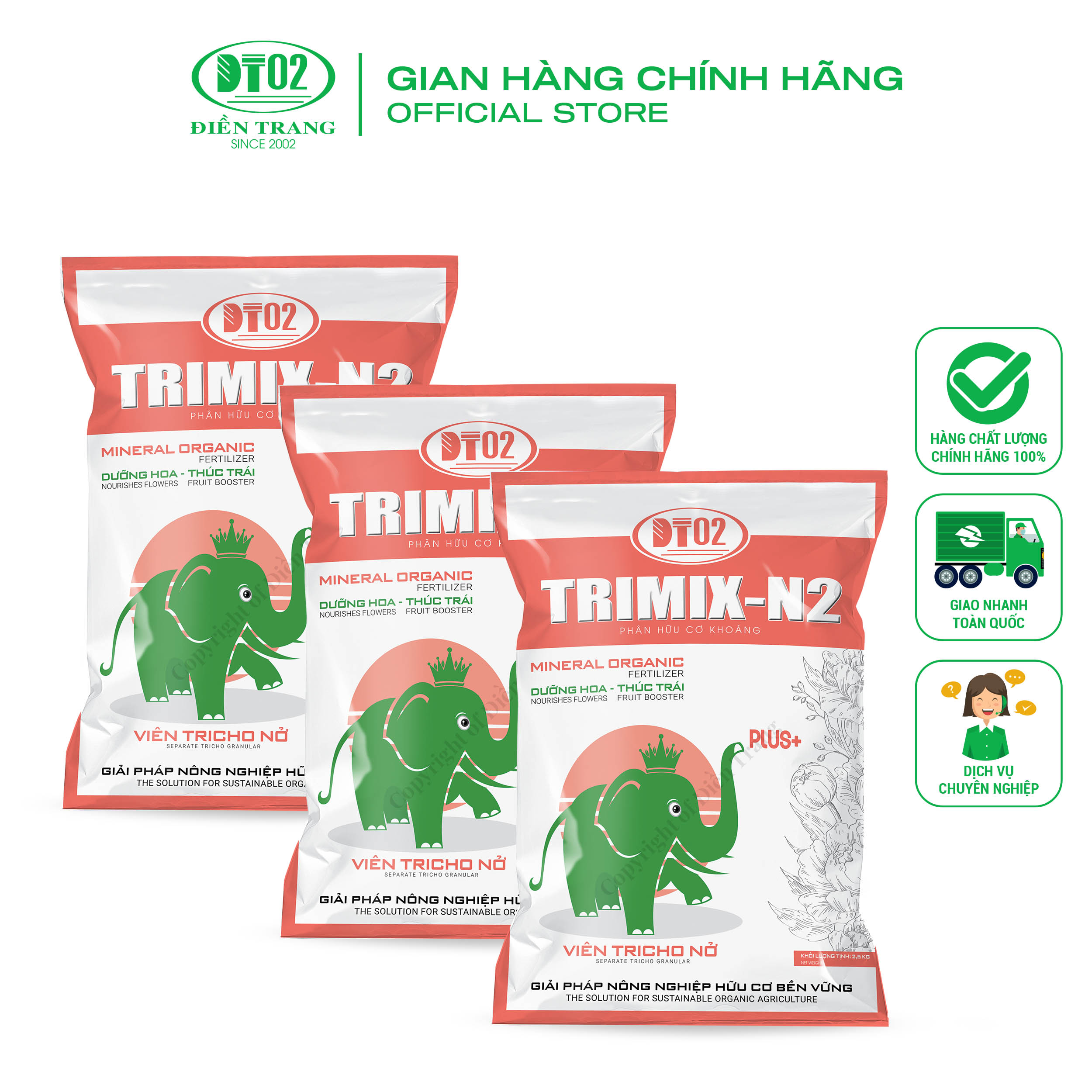 Phân hữu cơ khoáng nở Trimix N2 2.5kg, phân viên, cung cấp chất dinh dưỡng hữu cơ ủ hoai và đạm, lân, kali