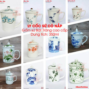 Ly cốc sứ có nắp Ly cốc sứ vẽ hoa gốm sứ Bát Tràng cao cấp