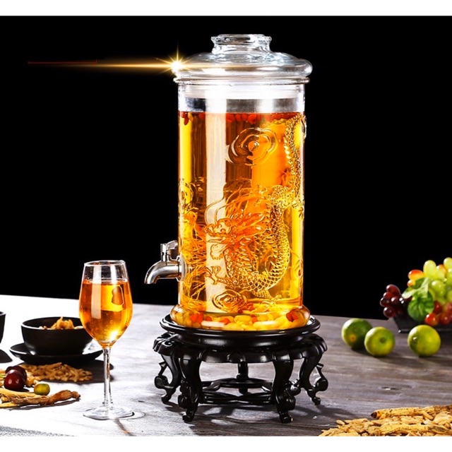 Bình ngâm thuỷ tinh 10 lít có van dáng trụ hoa văn rồng - tr10lv m1022