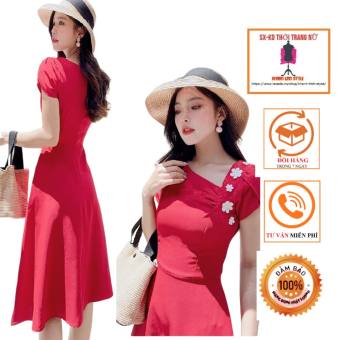 Đầm xòe đỏ phối hoa trắng D029