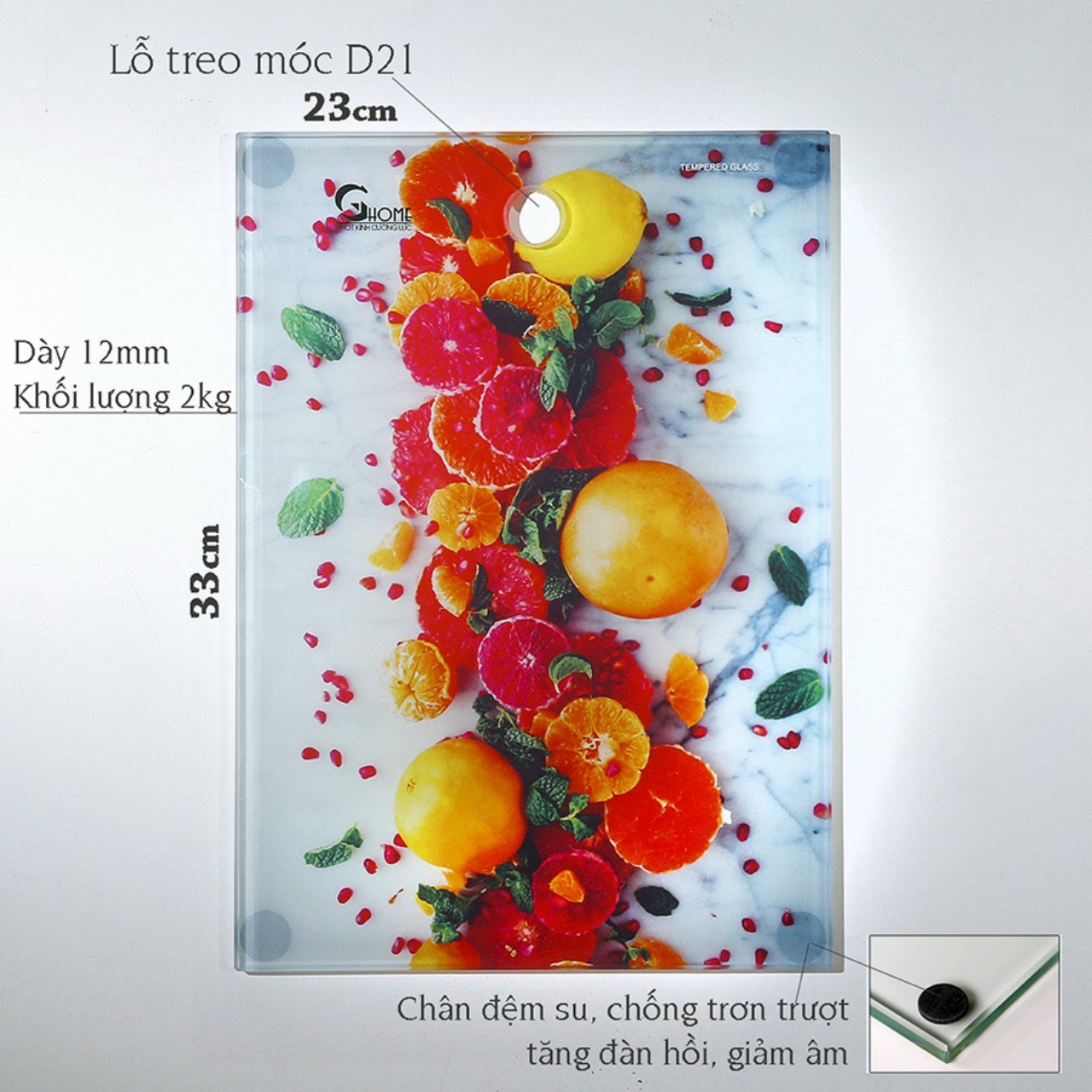 Thớt Kính Cường Lực Cao Cấp Ghome (Chân Lót Su) - Thớt Cường Lực Siêu Bền, Siêu Tải