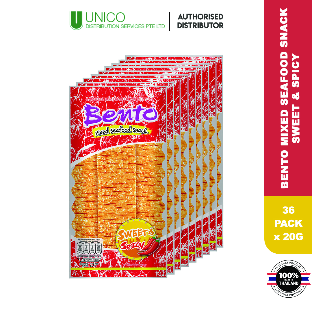 BENTO SEAFOOD SNACK 15 PACK X 24G SEASONED SQUID FLAVOR RED(5Pc)  ORANGE(5Pc) BLUE(5Pc) SWEET SPICY THAI FOOD