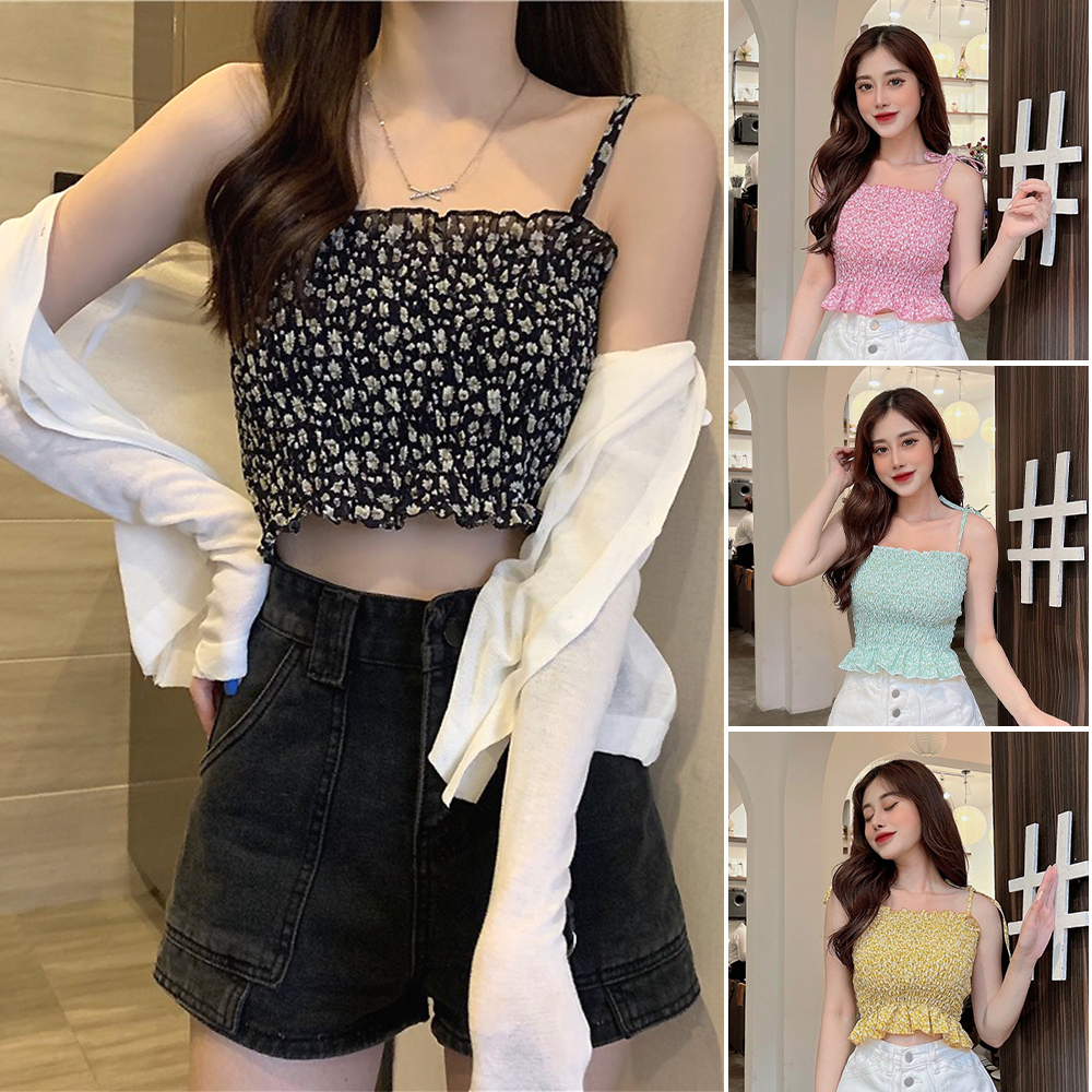 Áo croptop voan nhún thân hai dây cột in hoa nhí, thời trang trẻ mùa hè a5328